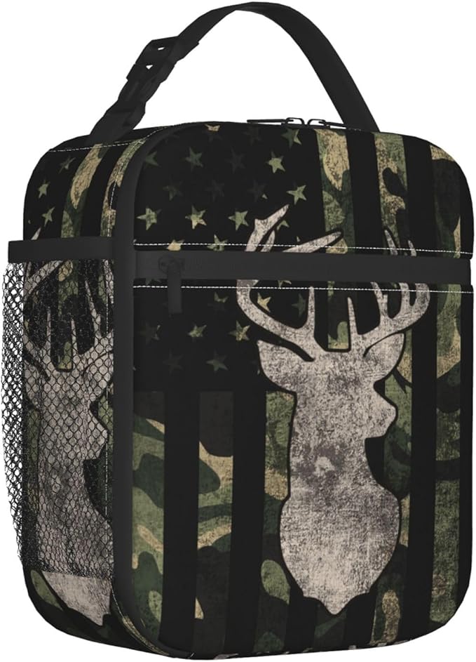 Camouflage Hunting Tactical Deer Camo American Flag Lunch Box Insulated Lunch Bag for Kids Boys Girls, Portable Kids Lunch Box Reusable Cooler Totes for School Work Picnic