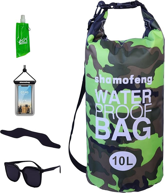 Waterproof Dry Bag Combo 5-30L Roll Top Dry Storage Bag Backpack for Kayaking Boating Beach Camping Travel Fishing, w/Phone Case & Collapsible Water Bottle & Sunglasses & Ear Band,Green 30L
