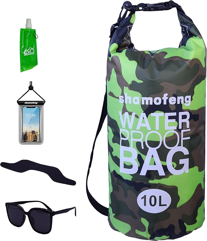 Waterproof Dry Bag Combo 5-30L Roll Top Dry Storage Bag Backpack for Kayaking Boating Beach Camping Travel Fishing, w/Phone Case & Collapsible Water Bottle & Sunglasses & Ear Band,Green 10L