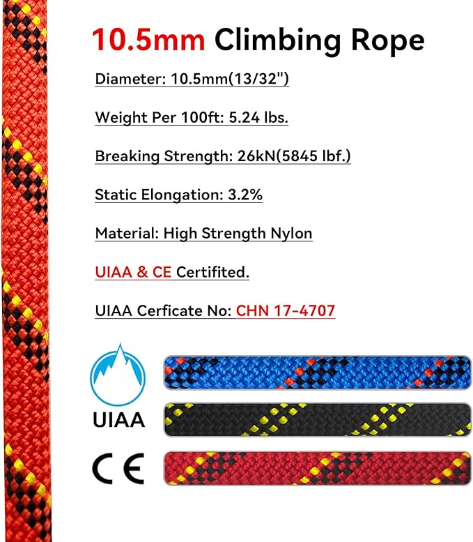 Static Climbing Rope 10.5mm UIAA Static Line Rappelling Rope Nylon Kern Mantle Rope for Escape Rope Rock Climbing, Mountain Tree Climbing, Hauling, Rescue