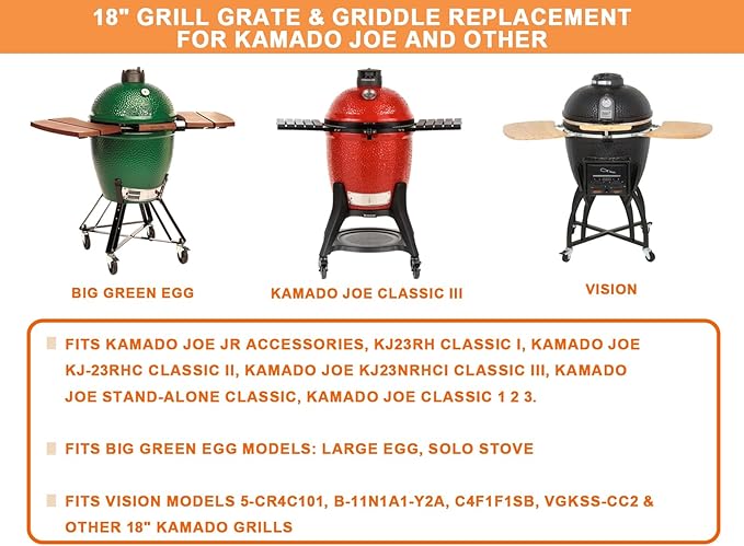 18" Grill Grate & Griddle Replacement for Kamado Joe Grill Accessories Classic III, II, I Stand-Alone, Solo Stove, for Large Big Green Egg Cast Iron Grate, Vision Parts VGKSS-CC2, B-11N1A1-Y2A