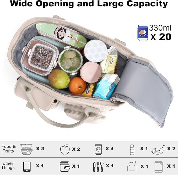 Hafmall Insulated Lunch Bag for Adults,Big lunch box for men, Wide Opening Insulated Bag with Shoulder Strap, Reusable Adult Lunch Bag For Work, Picnic(Beige)