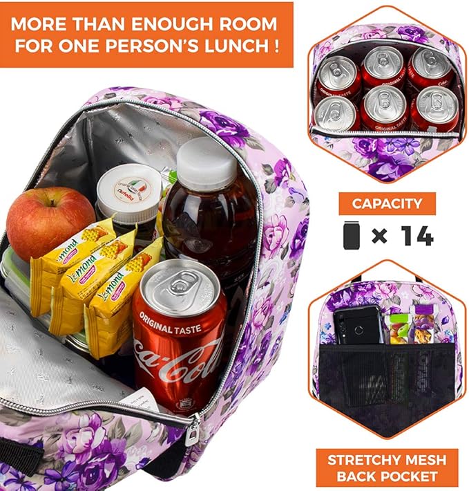 opux Lunch Box for Girls Boys Kids, Insulated Leakproof Lunch Bag, Reusable Teen Lunch Boxes for School, Medium Large lunchbox for Women Men Adult for Work with Front Back Pocket (Floral Purple)