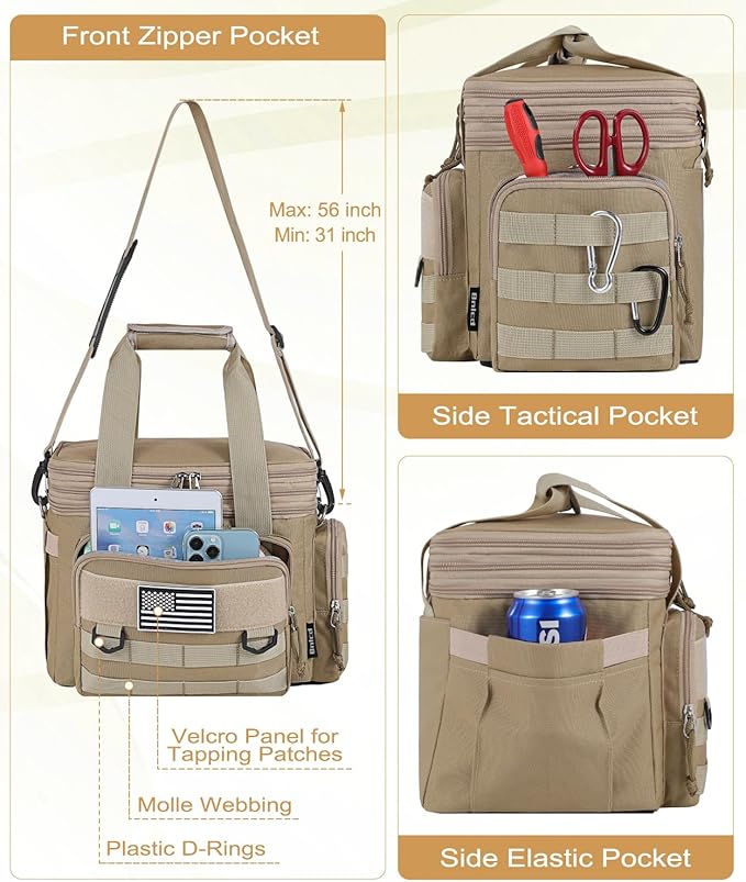 Tactical Lunch Box for Men, Expandable Large Insulated Lunch Bag for Adult, Heavy Duty Double Deck Lunch Cooler Bag with Shoulder Strap Leakproof Waterproof Lunch Tote for Travel Work Office - Sandy