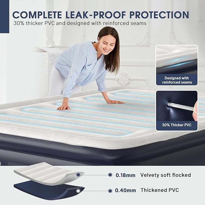 Air Mattress Queen With Built In Pump,18''Raised Blow Up Mattress 2 Mins Self-Inflation/Deflation,Upgraded Thicker Inflatable Mattress，Air Bed with Storage Bag for Guests,Home，Camping，660 lbs Max