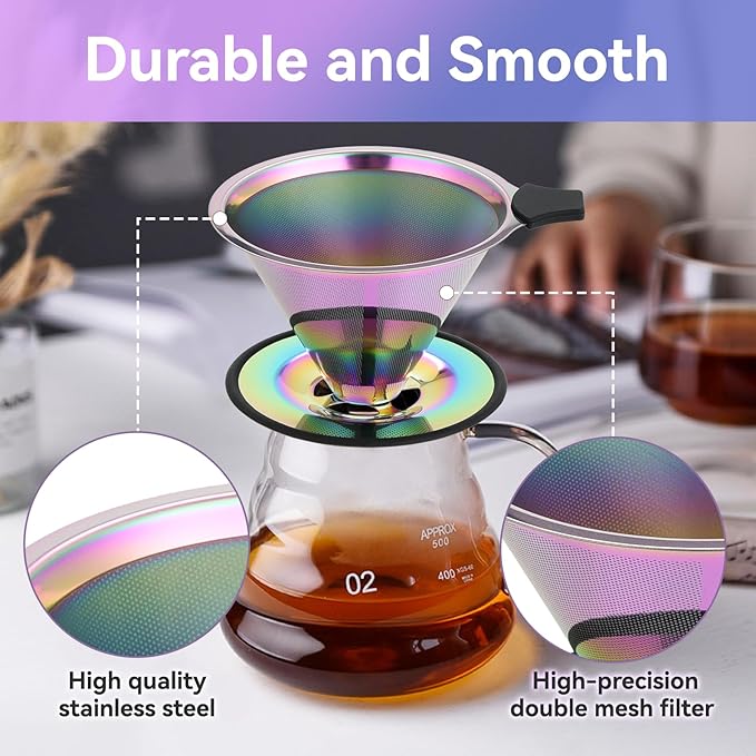 Pour Over Coffee Dripper Filter: Reusable Stainless Steel Coffee Filters - Metal Cone Filter Paperless Single Cup Coffee Maker 1-4 Cup with Double Mesh & Non-slip Cup Stand Multicolour