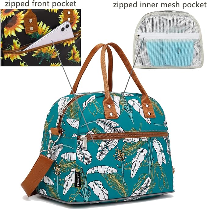 FlowFly Insulated Lunch Bag With Shoulder Strap for Women, Men, and Kids, Large and Reusable, Handle, Freezable Work and School Travel Tote and Meal Prep Organizer, leaves