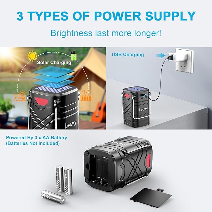 LETMY 4 Pack Camping Lantern, Rechargeable LED Lanterns, Solar Lantern Battery Powered Hurricane Lanterns Flashlight with 3 Powered Ways & USB Cable for Emergency, Power Outage, Hurricane Supplies