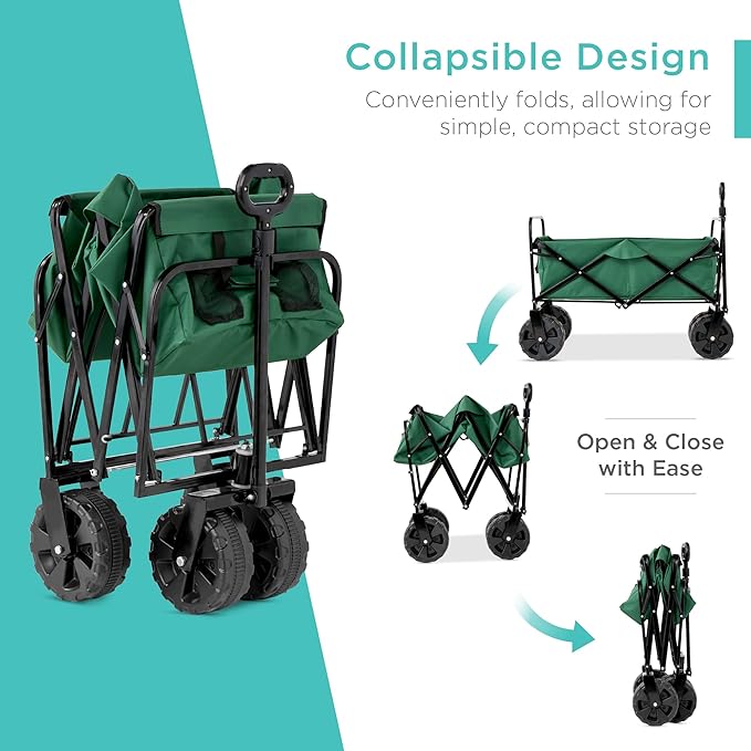 Best Choice Products 36in Collapsible Folding Utility Wagon, Multipurpose Indoor Outdoor Mobile Cart for Garden, Beach, Park, Shopping w/ 360-Degree Wheels, Adjustable Handle, 150lb Capacity - Green