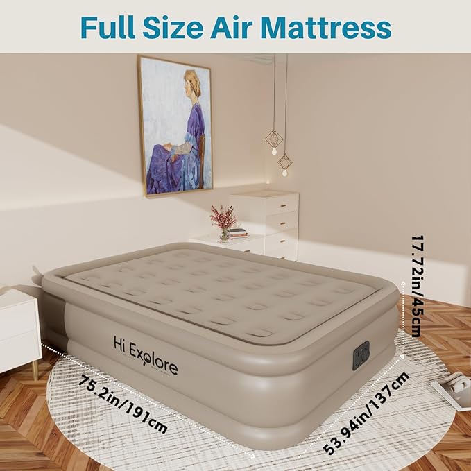 Air Mattress Full with Built in Pump Raised, with Comfortable Plush, Inflatable Blow Up Mattress, Portable Airbed for Home, Guests, Camping(Khaki, 18” Height)