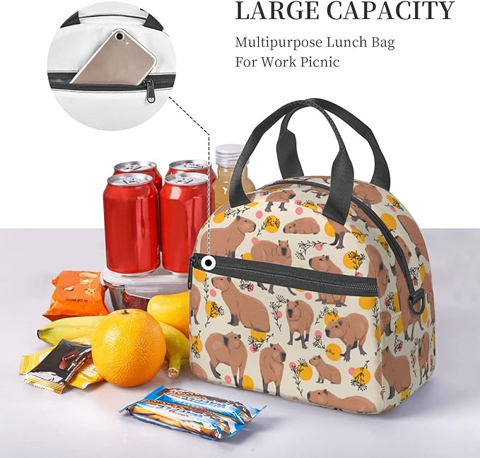 bassyil Capybara Insulated Lunch Bag Reusable Lunch Box With Adjustable Shoulder Strap Cooler Tote Bag For Men Women