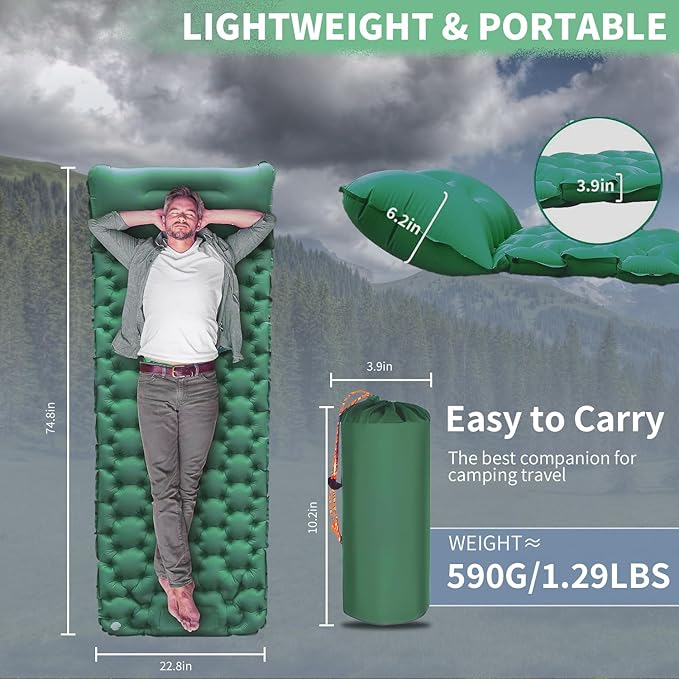 DDD Ultra-Light Inflatable Camping Sleeping Pad with its Built-in Foot Pump and Pillow - The Ultimate Camping pad, Hiking pad, Backpacking Pad and Lightweight for a Outdoor Sleep——Green