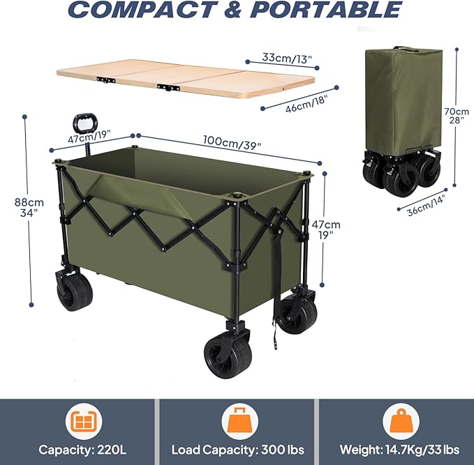 Chihee Collapsible Folding Outdoor Utility Wagon Cart,Beach Cart Large Capacity,Heavy Duty Portable Wagon All Terrain Wheels with Large Side Pocket & 1 Foldable Desktop & 2 Drink Holders