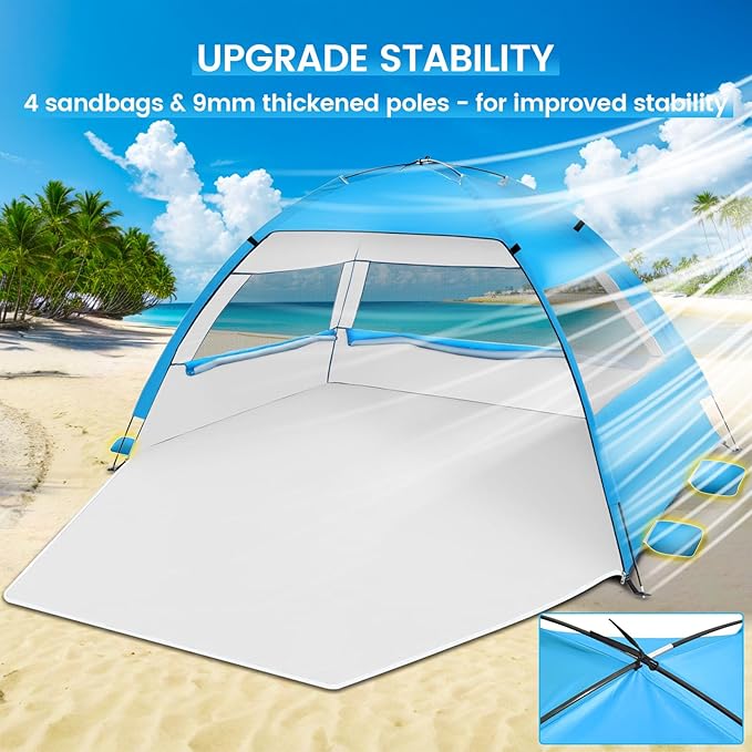 Beach Tent Sun Shelter for 3/4 Person, UPF 50+ UV Protection Beach Canopy, Lightweight & Easy Setup Beach Shade Canopy, Portable Beach Cabana