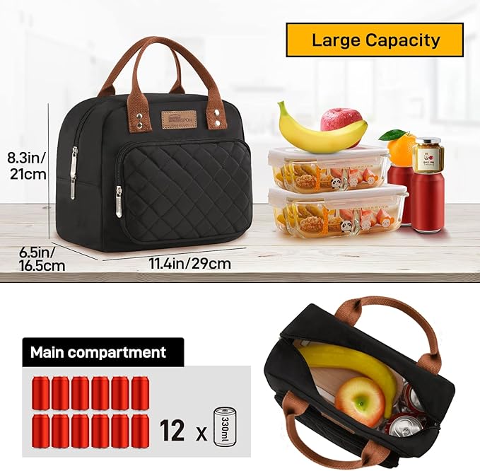 Buringer HOMESPON Lunch Bag for Woman Man Adults with Front Pocket Insulated Lunch Tote Lunch Box Container for Work Picnic or Travel（Black）