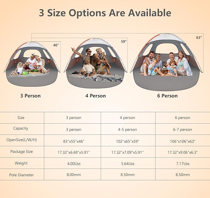 NXONE Beach Tent Sun Shade Shelter for 6 Person with UV Protection, Extended Floor, 3 Mesh Roll Up Windows & 8.5mm Fiberglass Rods丨Carry Bag Included (Orange White)
