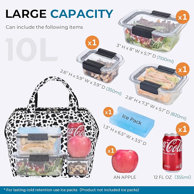 ECHSRT Large Insulated Lunch Bag for Women Men Leakproof Cooler Lunch Tote Bags for Work Travel Adult Thermal Lunchbox for Office -10L Cow Print