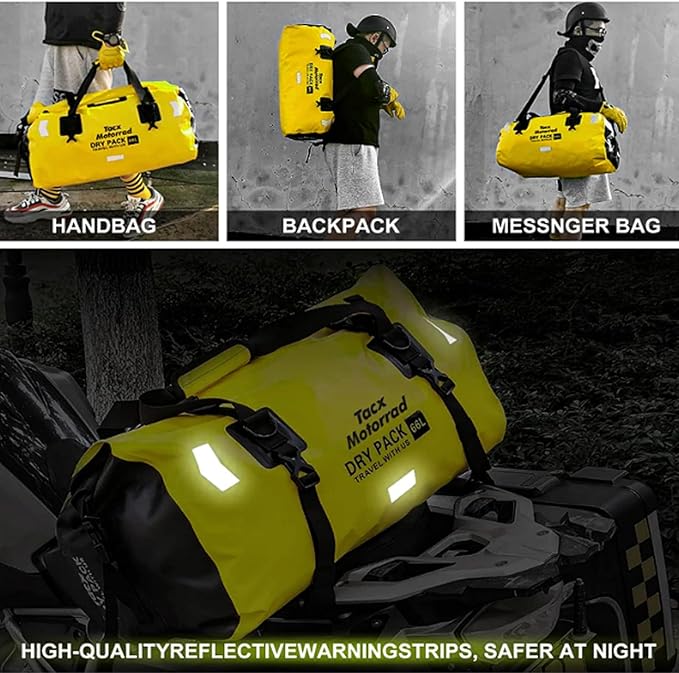 Waterproof Duffel Bag for Men/Women, Roll-top Dry Backpack Duffel Bag with Quick-fixed Straps, Motorcycle Tail Saddle Bag for Motorcycling, Rafting, Boating, Kayaking, Travel, 66L-Yellow