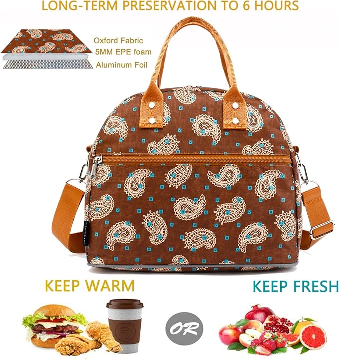 FlowFly Insulated Lunch Bag With Shoulder Strap for Women, Men, and Kids, Large and Reusable, Handle, Freezable Work and School Travel Tote and Meal Prep Organizer,Cashew