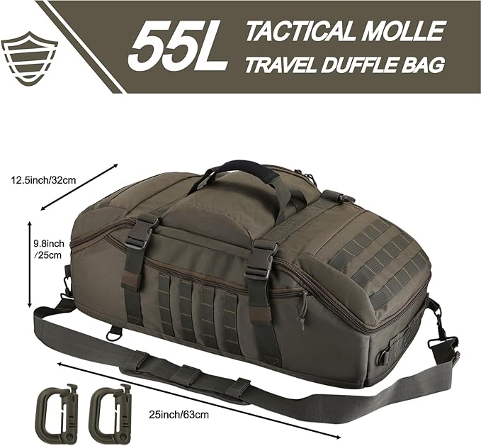 Travel Gym Duffle Bag Tactical, Gear Backpack for Men Women, Large Duffle Hand Bag for Travel, 3 in 1 Shoulder Backpack for Sports Hiking Camping, Water Resistant & Easy Clean (Army Green, 55L)