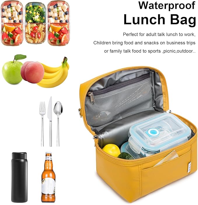 NOL Natural Organic Lifestyle Insulated Lunch Bags for Women Cooler Bag Lightweight Nylon Waterproof Lunch Box For Work (Earth-yellow, Medium(normal))