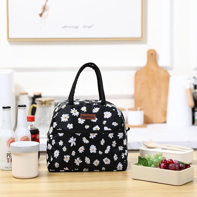 Insulated Lunch Bag for Women Men, Lunch Containers Reusable High Capacity Lunch Tote Bags for for Work Picnic(Black Daisy)