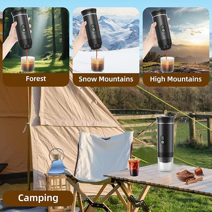 Portable Coffee Maker for Travel & Camping, Portable Espresso Maker for Travel, Rechargeable Cordless Battery Operated Coffee Makers for Ground Coffee, NS Capsule RV, Hiking, Office(Black)