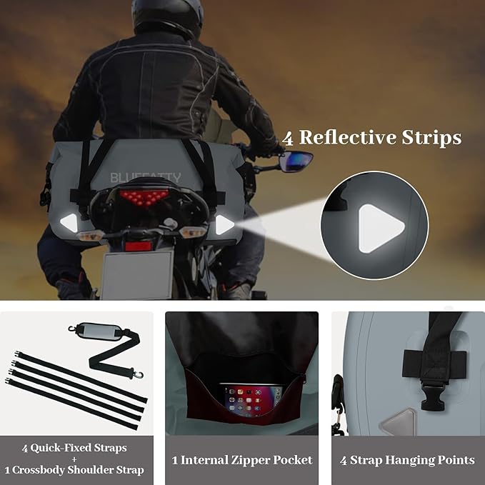 Waterproof Motorcycle Duffel Bag Roll Top Dry Duffel Bag with Quick-fixed Straps for Rafting, Boating, Kayaking, Travel, 50L(Grey)