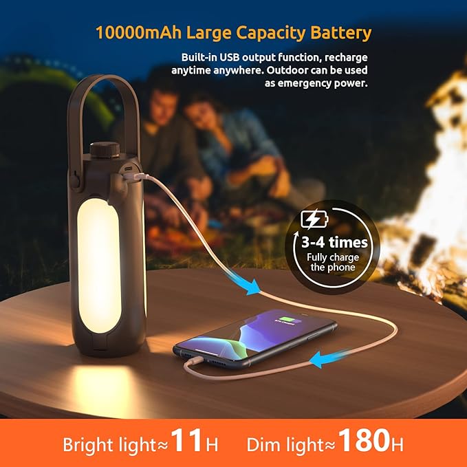 Camping Lantern 720LM with Flashlight Design, 10000mAh Rechargeable LED Camping Lamp, 11H Run Time, Deployable Lampshade Multifunctional Camping Light for Hurricane, Emergency, Travel-Grey