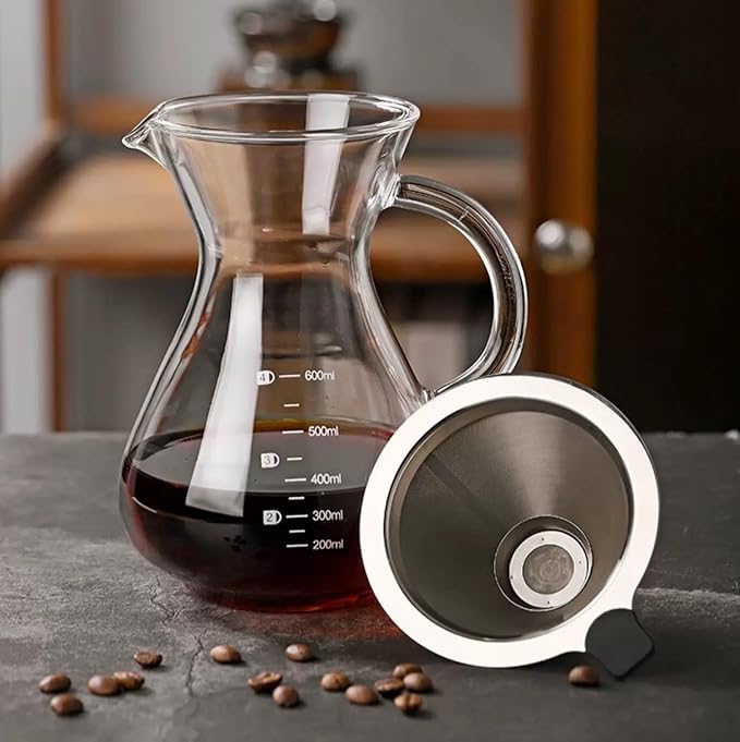 Pour Over Coffee Maker - Borosilicate Glass Carafe - Reusable Stainless Steel Paperless Filter/Dripper - For Home & Office & Resteraunt & Camping