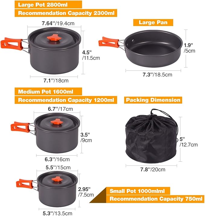 REDCAMP 12/14/15/19 PCS Camping Cookware Mess Kit Camping Gear Campfire Utensils Lightweight Stackable Pot Pan Bowls Soup Spoon with Storage Bag for Camping, Backpacking, Outdoor Cooking, Picnic