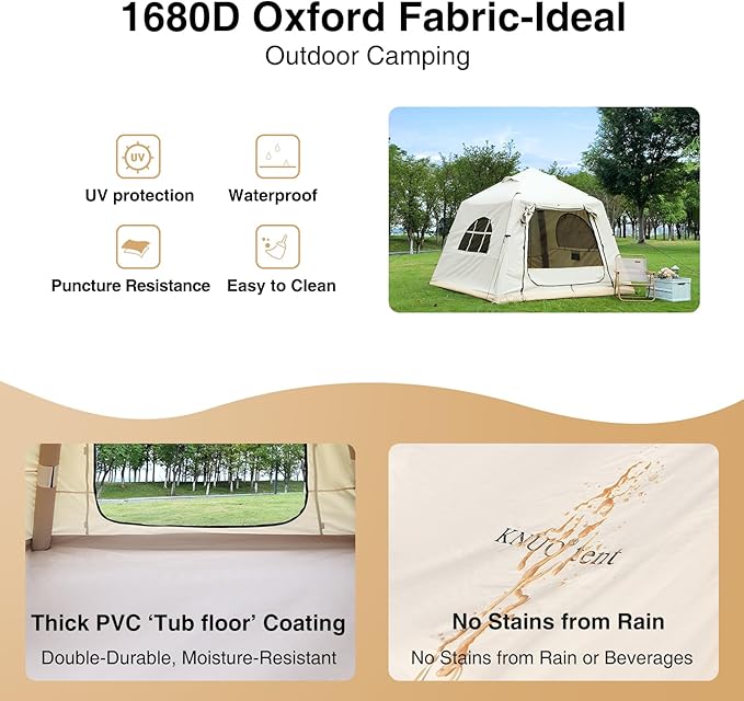 2025 Upgraded 100% Waterproof Inflatable Camping Tent, Large Blow-Up Air Tent, No Assembly Needed Luxury Glamping House, Oxford Fabric