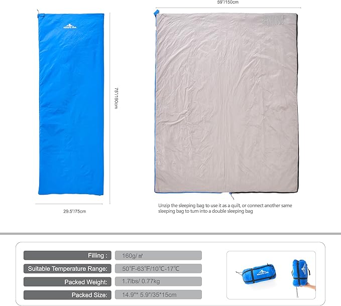 Ultralight Backpacking Sleeping Bag 1.77lbs, Warm Weather Sleeping Bag 50℉-63℉, Nylon Shell and Lining, Waterproof, Compact and Lightweight for Backpacking Camping Hiking