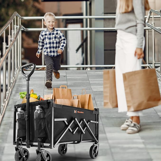 Navatiee Portable Foldable Collapsible Wagon with Wheels, 220lbs Weight Capacity Utility Grocery Shopping Cart, Lightweight Mini Folding Wagon for Outdoor, Black