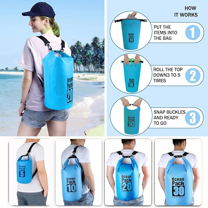 Floating Waterproof Dry Bag Backpack 5L/10L/20L, Roll Top Bag for Kayaking, Rafting, Boating, Swimming, Camping, Hiking, Beach, Fishing. (Blue, 10L)