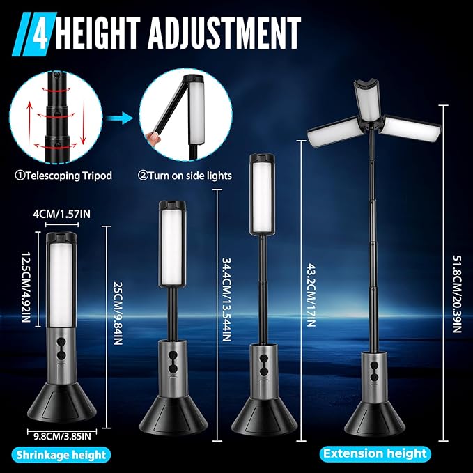 Rechargeable LED Camping Light, 3000mAh Telescopic Camping Light 3 Page Head 5 Lighting Modes Cordless Waterproof Camping Flashlight Lantern for Power Outages Indoor, Hiking Outdoor