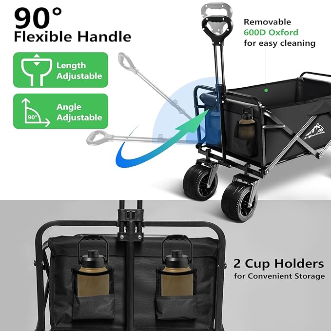 Collapsible Folding Wagon, Capacity 300lbs Heavy Duty Foldable Cart with Two Drink Holders, Portable Utility Grocery Wagon for Camping Shopping Sports, Black