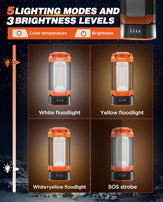 Saker Portable Camping Light with Stand 73.2" Rechargeable Work Light 800/3200 Lumen 4000/6500K Dimmable Camping Light for Outdoor Work, Power Outages, Fishing LD10 Orange