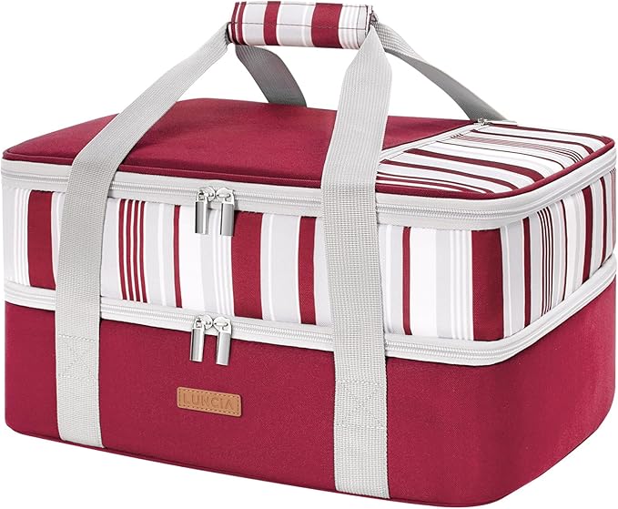 Double Decker Insulated Casserole Carrier for Hot or Cold Food, Lasagna Lugger Tote for Potluck Parties/Picnic/Cookouts, Fits 9"×13" Baking Dish, Red