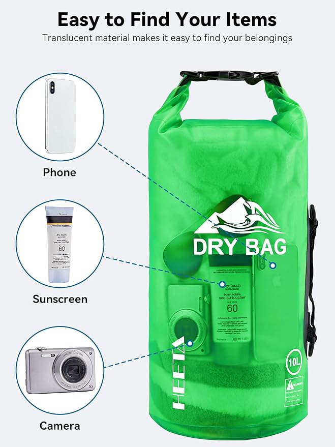 HEETA Dry Bag Waterproof for Women Men, 5L/10L/20L/30L/40L Roll Top Lightweight Dry Storage Bag Backpack with Phone Case for Travel, Swimming, Boating, Kayaking, Camping & Beach, 11 Transparent Colors