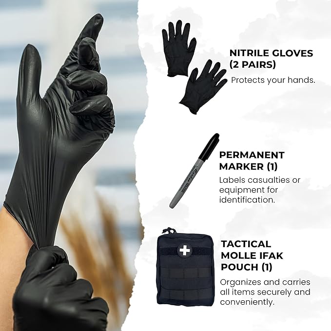 IFAK (Individual First Aid Kit) Trauma Kit with CAT Tourniquet — Medical Pouch for Tactical, Outdoor, Hiking, Military — Backpacking Emergency Medical Kit for Bleeding Control (Black)