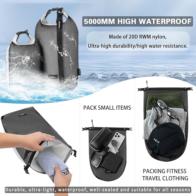 Waterproof dry sack Lightweight Dry Bag Soft and comfortable stuff sacks for backpacking Rafting Boating Camping (Dark bule, 4L 8L)