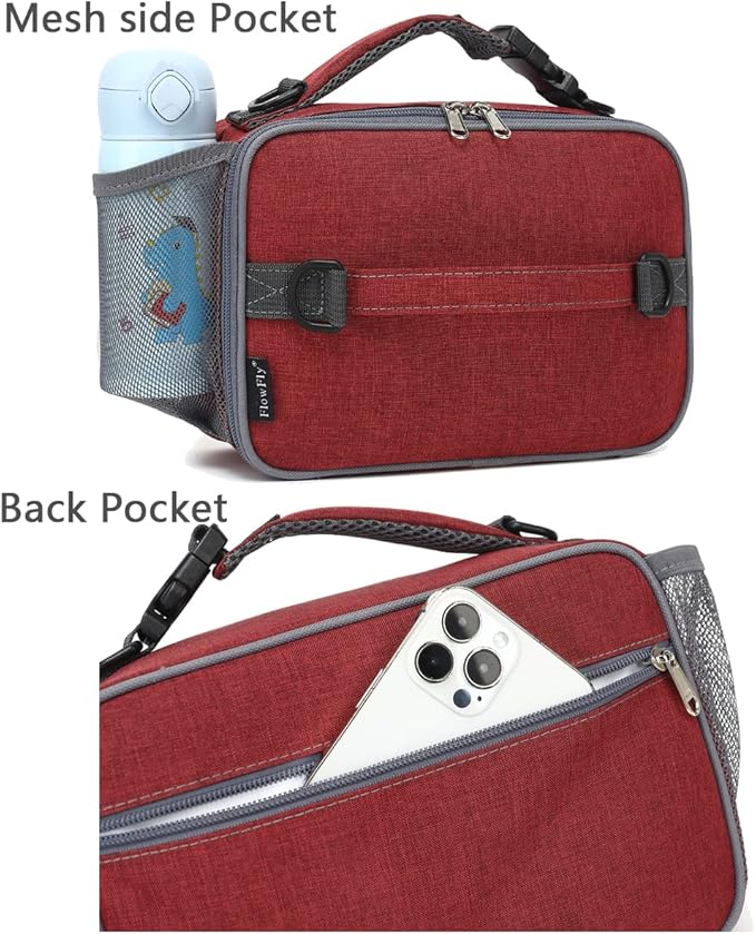 FlowFly Kids Lunch Bag, Durable Insulated School Lunch Box with Shoulder Strap and Bottle Holder, Water-resistant Thermal Small Lunch Cooler Tote for Teen Boys & Girls,Red