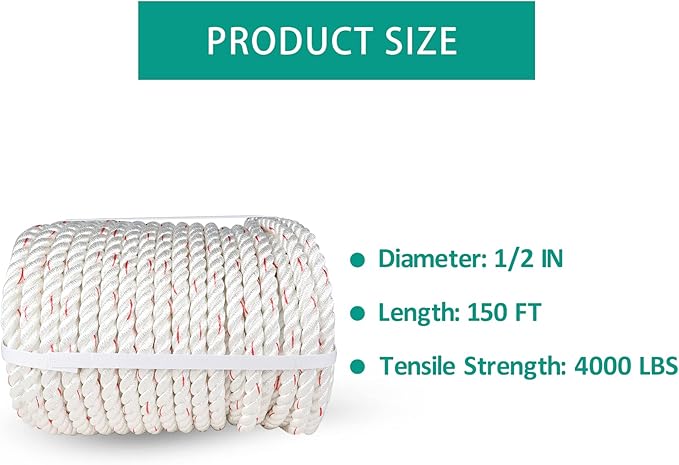 1/2 in 150 FT Braided Rope 4000 LBS Breaking Strength High Force Polyester Arborist Rope Suitable for Swing Camping Tree Work White Red