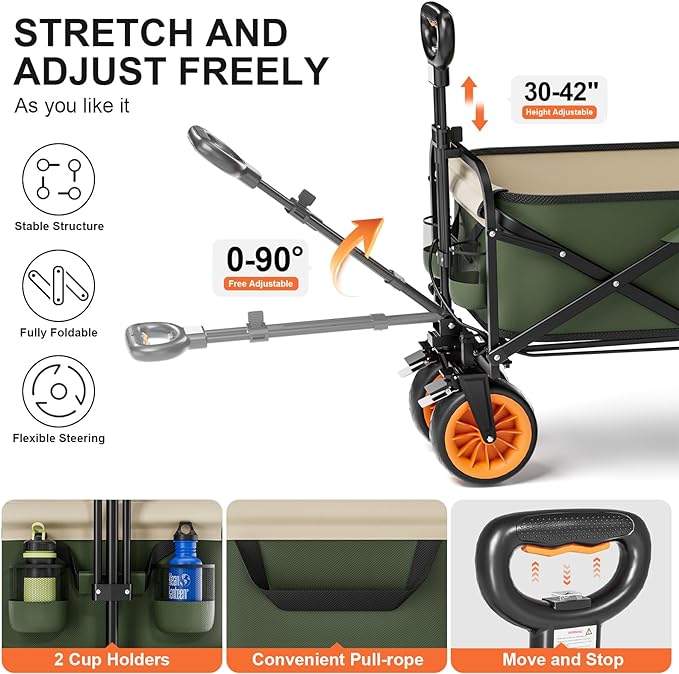 Electric Assistance Collapsible Folding Garden Wagon, 300LBS Grocery Cart with Big All-Terrain Wheels, Portable for Camping Outdoor Beach Fishing Picnic Sports Shopping (Green)