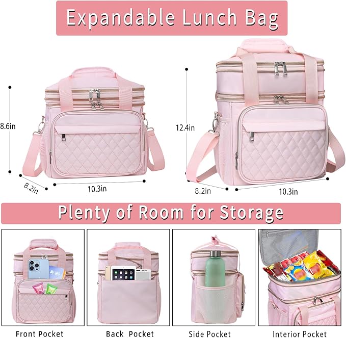 GLENKEY Expandable Lightweight Insulated Lunch Box for Women, Double Deck Large Lunch Bag Leakproof Soft Cooler Bags with Shoulder Strap for Adults Work Office Flight Beach Travel, Pink, 16L
