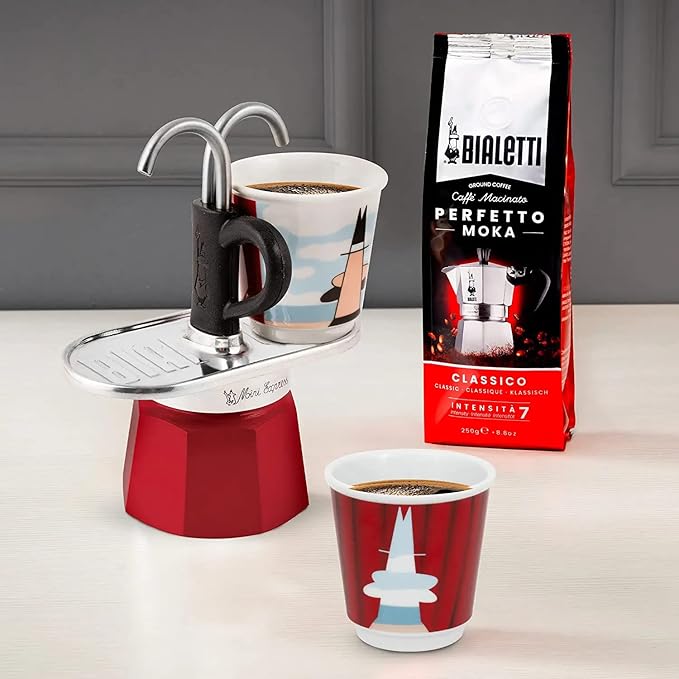 Bialetti - Mini Express Kandinsky: Moka Set includes Coffee Maker 2-Cups (2.8 Oz) + 2 shot glasses, Light Blue, Aluminum