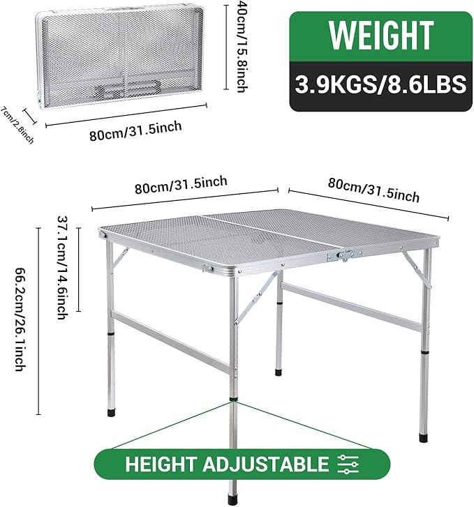 Nice C Square Table for Grill, Folding Table, Camping Table, Outdoor Table, Card Table, Height Adjustable, Mesh Bag Lightweight, Carry Handle, Aluminum (31.5"x31.5" White)