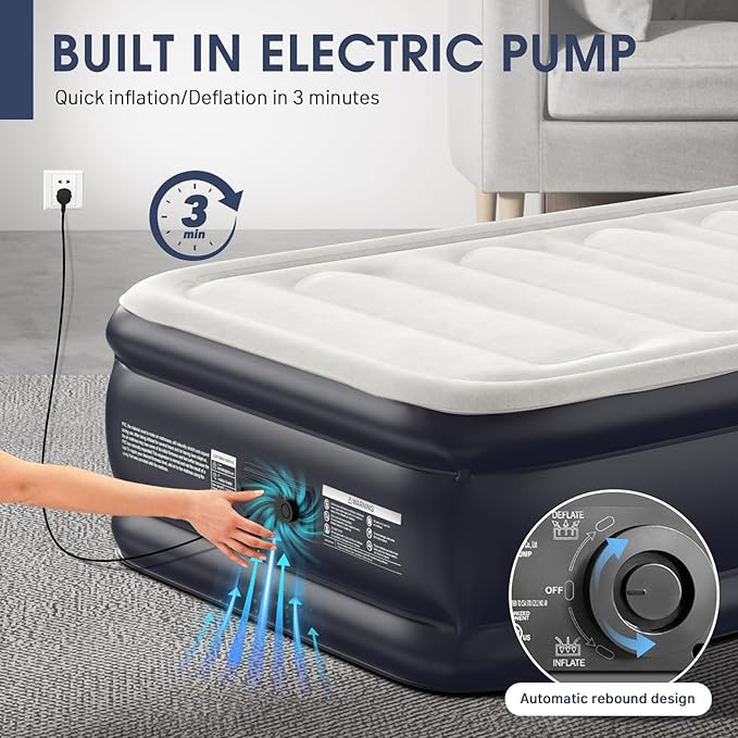 Twin Air Mattress with Built-in Pump,18''Raised Blow Up Mattress 2 Mins Self Inflation/Deflation,Upgraded Thicker Inflatable Mattress，Flocked Top Air Bed with Storage Bag for Guests,Home，Camping