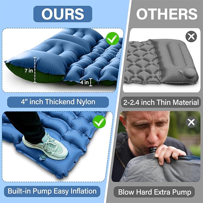 Double Sleeping Pad for Camping- Self Inflating 4" Extra-Thick with Pillow Built-in Foot Pump Inflatable Sleeping Mat for Backpacking, Hiking, Traveling, Tent, Portable Camping Mat